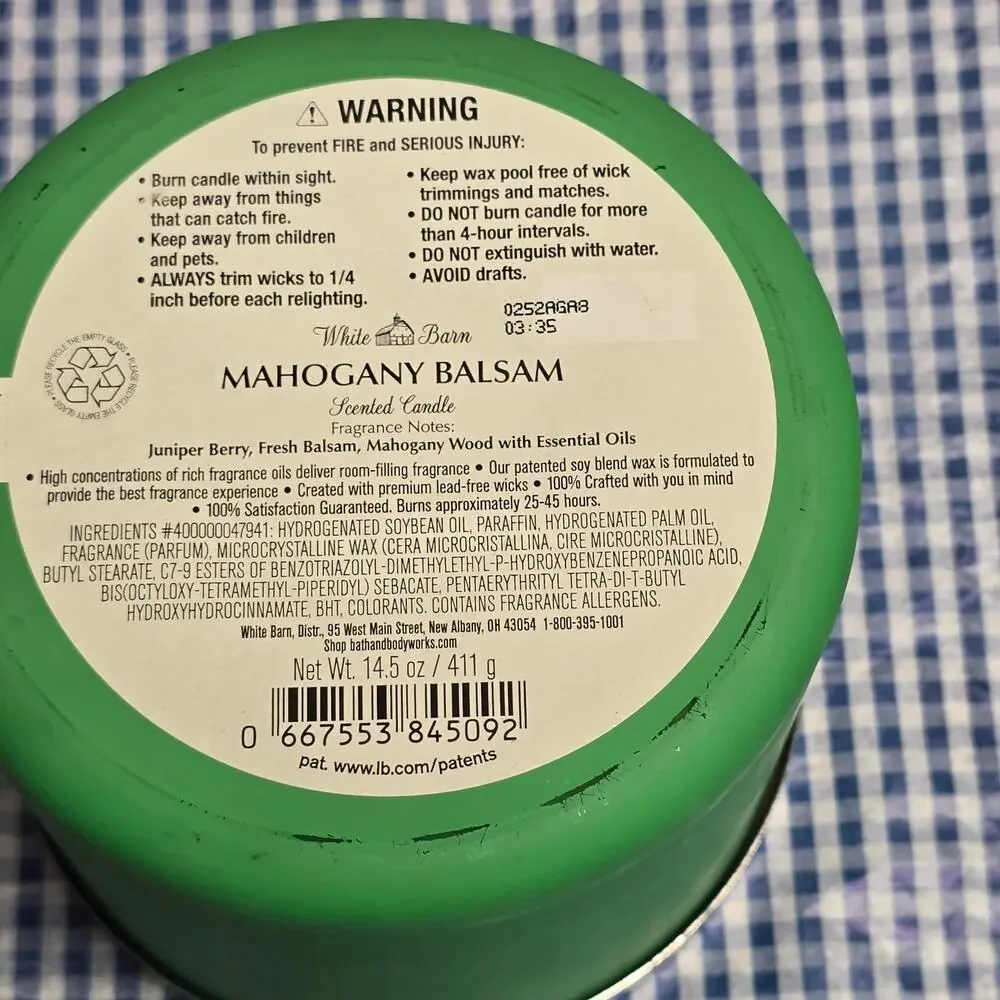 BBW Mahogany Balsam White Barn Green Jar Large 3 Wick Candle Home Fragrance